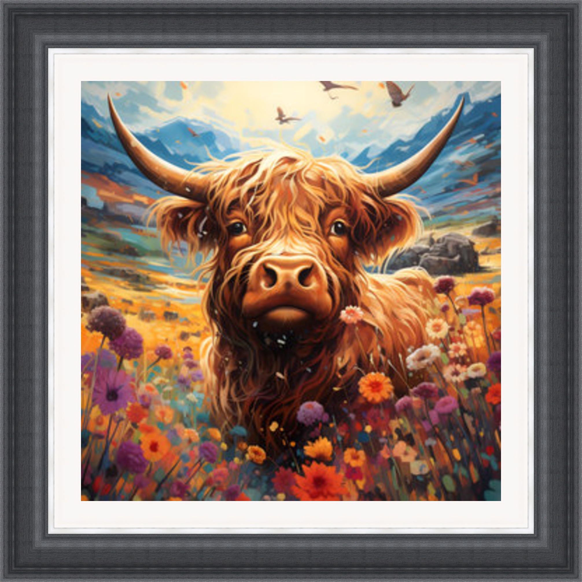 Highland Cow in Colourful Meadow 1